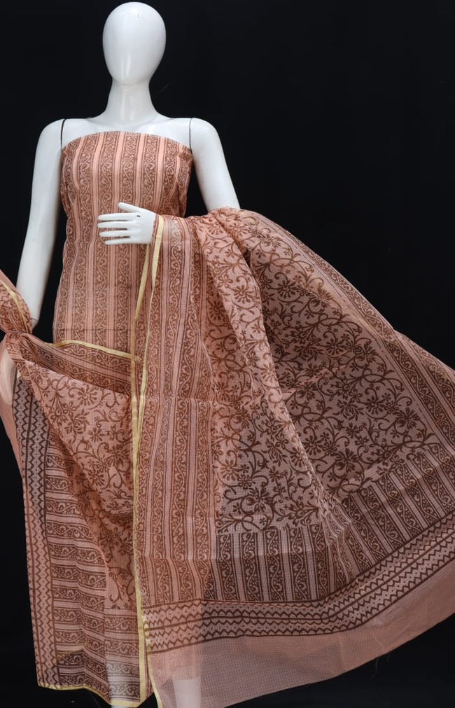 Salmon Peach Striped Designer Handblock Printed Cotton Kota Doria Un-Stitched Suit With Dupatta