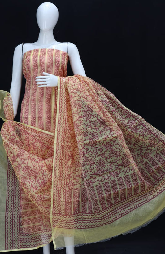 Yellow Peach Striped Designer Handblock Printed Cotton Kota Doria Un-Stitched Suit With Dupatta