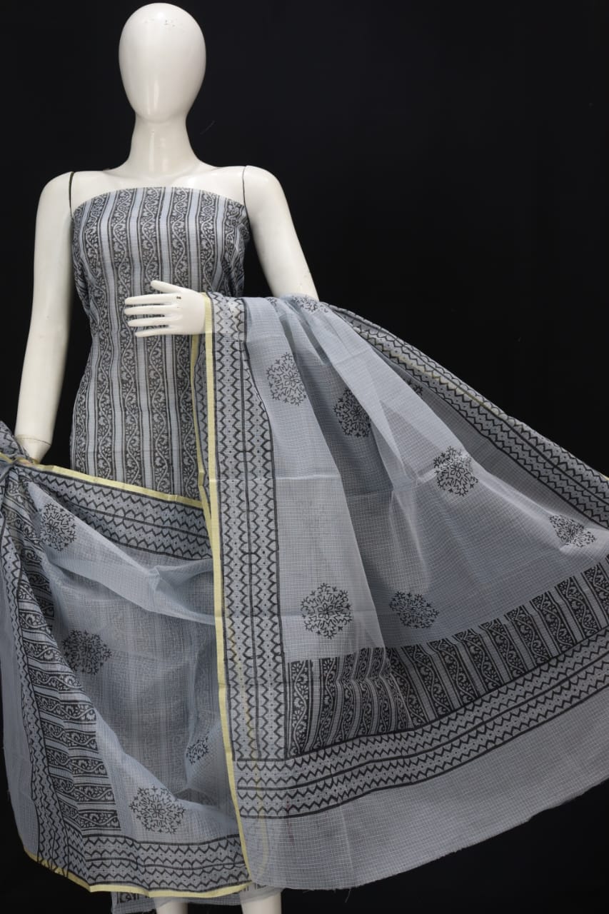 Pewter Grey Striped Designer Handblock Printed Cotton Kota Doria Un-Stitched Suit With Dupatta