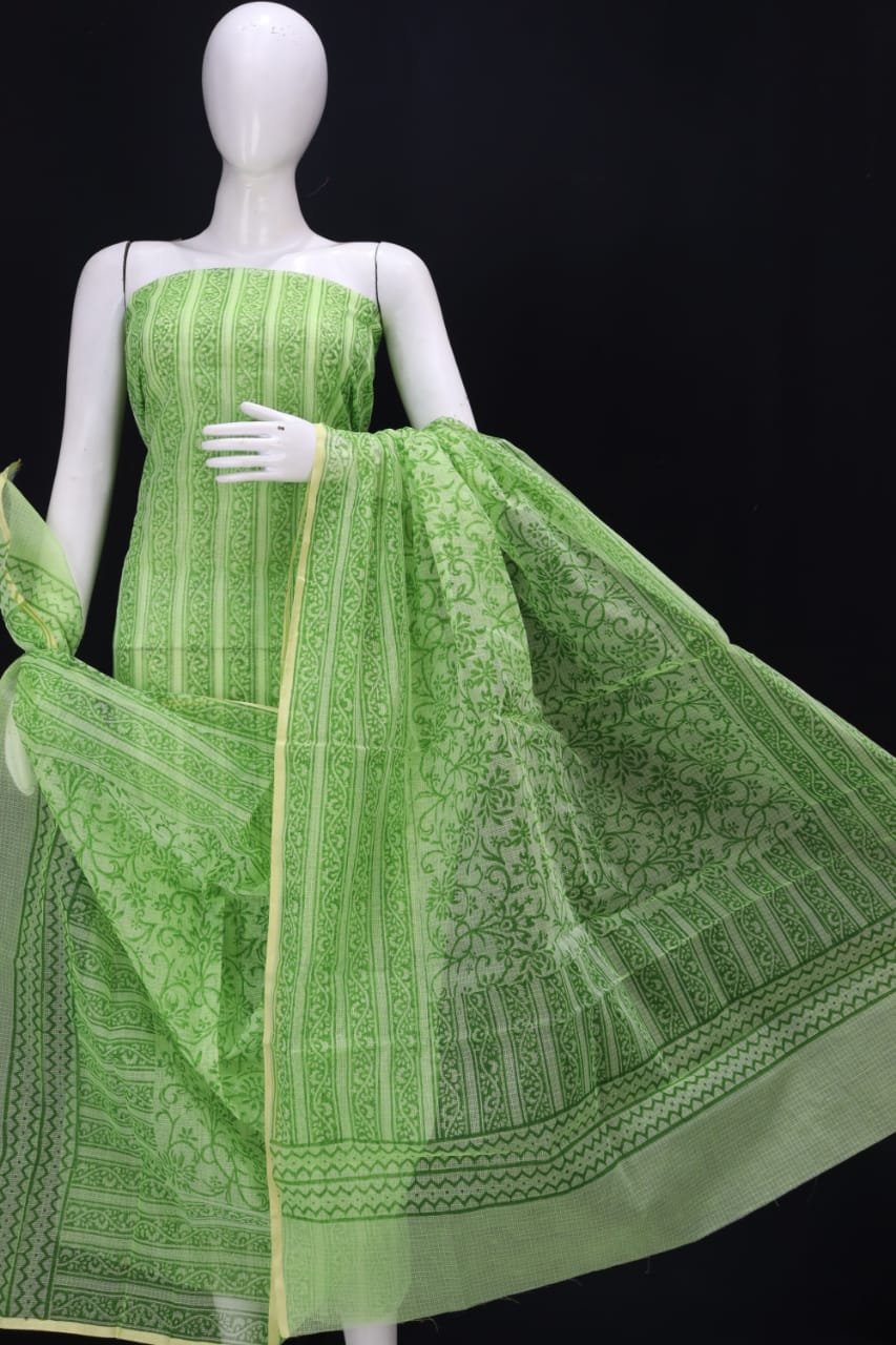 Lime Green Striped Designer Handblock Printed Cotton Kota Doria Un-Stitched Suit With Dupatta