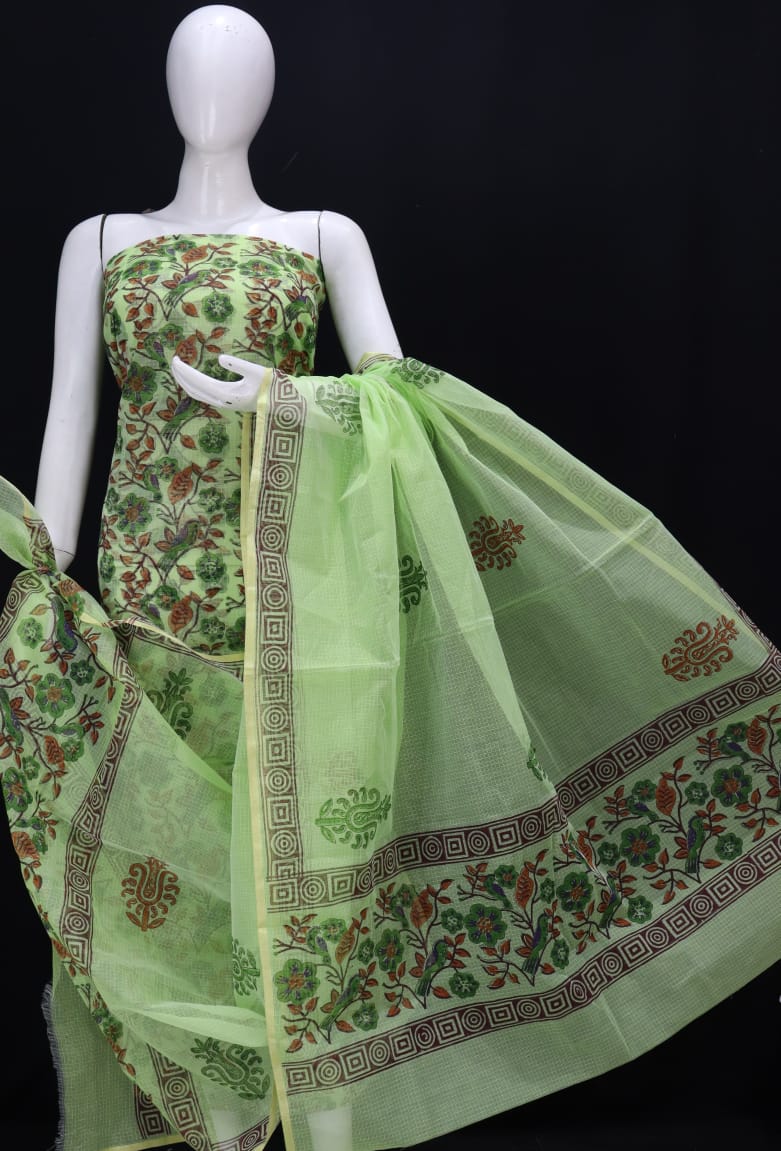 Mint Green Flowery Designer Handblock Printed Cotton Kota Doria Un-Stitched Suit With Dupatta