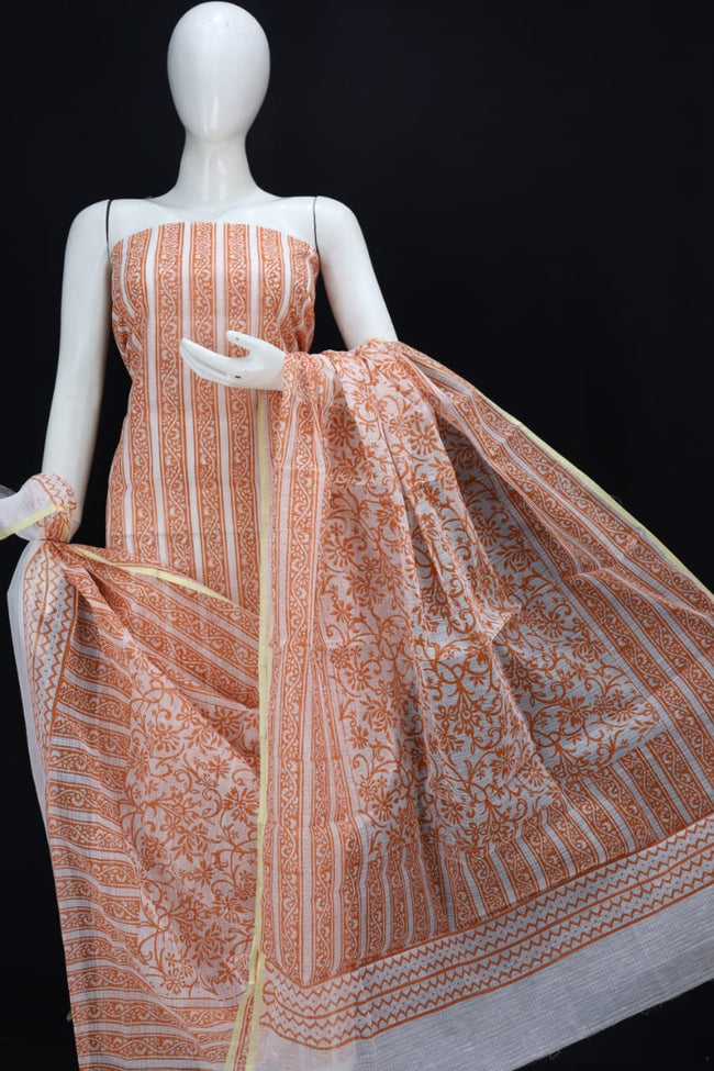 Cantaloupe Orange Flowery Designer Handblock Printed Cotton Kota Doria Un-Stitched Suit With Dupatta