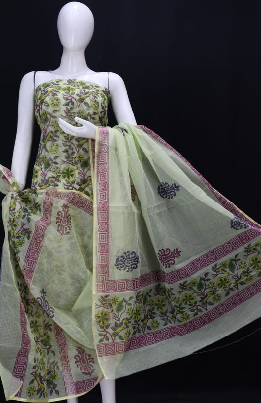 Tea Green Flowery Designer Handblock Printed Cotton Kota Doria Un-Stitched Suit With Dupatta