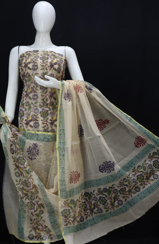 Barley White Flowery Designer Handblock Printed Cotton Kota Doria Un-Stitched Suit With Dupatta