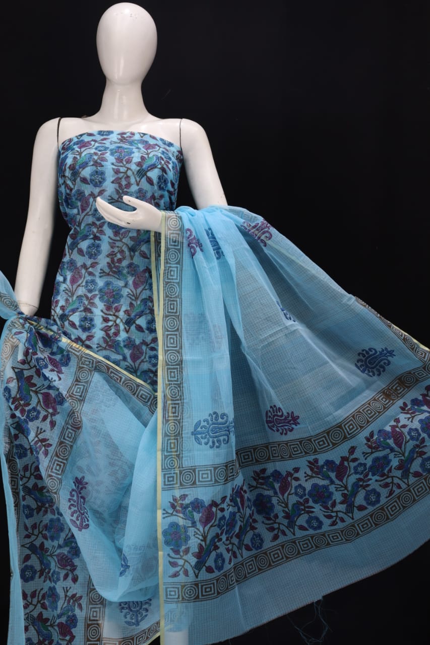 Cyan Blue Pretty Flowery Designer Handblock Printed Cotton Kota Doria Un-Stitched Suit With Dupatta