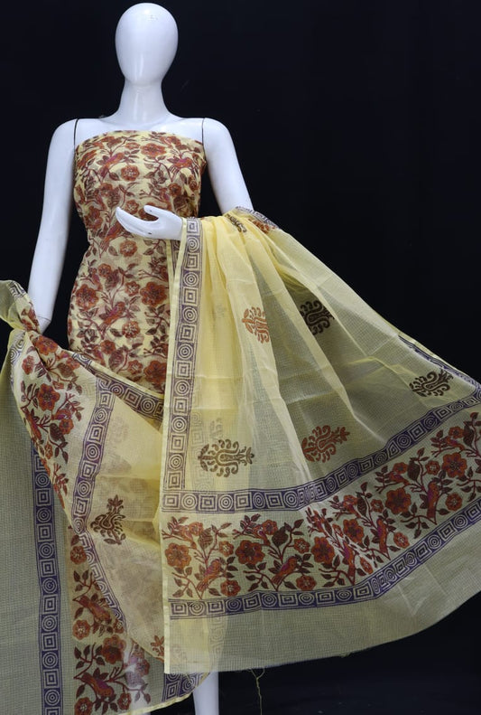 Blonde Yellow Pretty Maroon Flowery Designer Handblock Printed Cotton Kota Doria Un-Stitched Suit With Dupatta