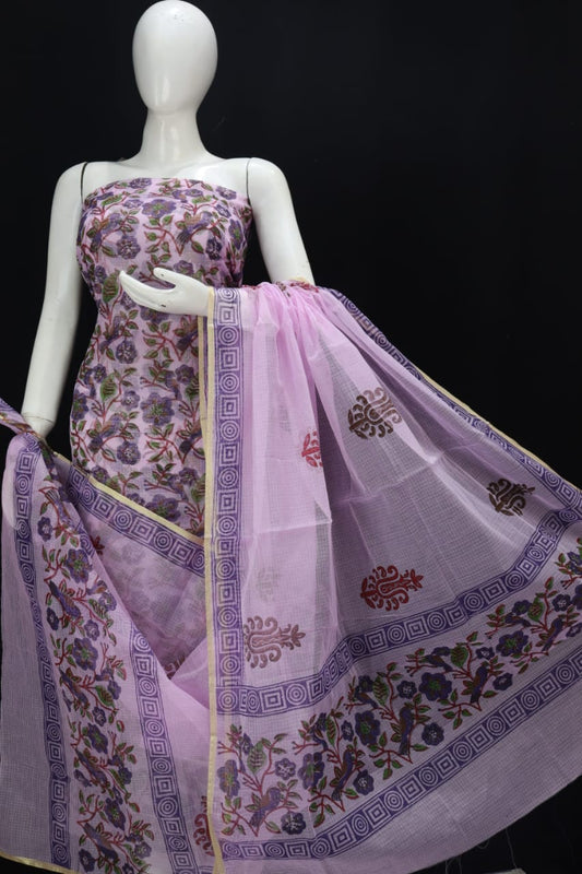 Lavender Flowery Designer Handblock Printed Cotton Kota Doria Un-Stitched Suit With Dupatta