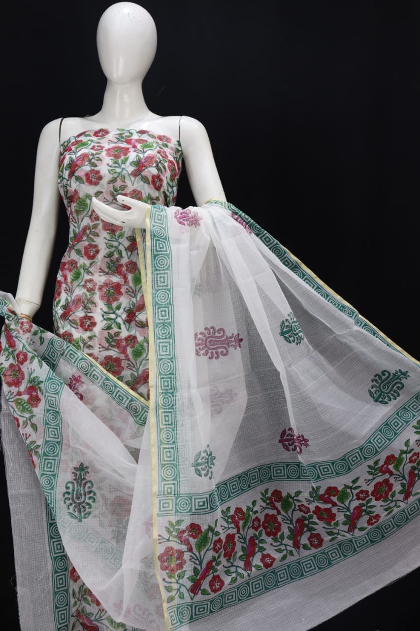 White Leafy Flowery Red Designer Handblock Printed Cotton Kota Doria Un-Stitched Suit With Dupatta