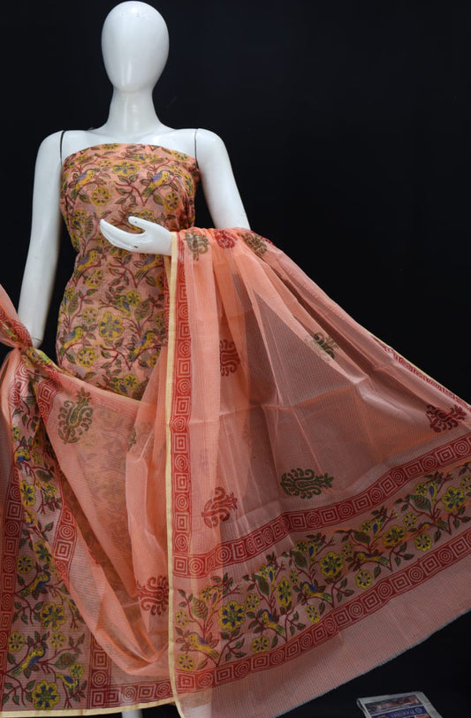 Coral Colored Leafy Floral Green Designer Handblock Printed Cotton Kota Doria Un-Stitched Suit With Dupatta