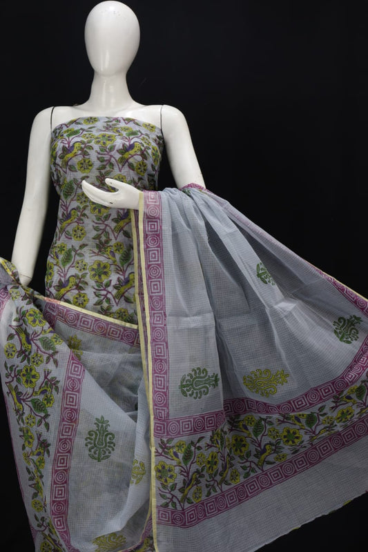 Grey Colred Leafy Floral Yellow Green Designer Handblock Printed Cotton Kota Doria Un-Stitched Suit With Dupatta