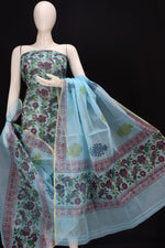 Maya Blue Leafy Floral Wine Colored Designer Handblock Printed Cotton Kota Doria Un-Stitched Suit With Dupatta