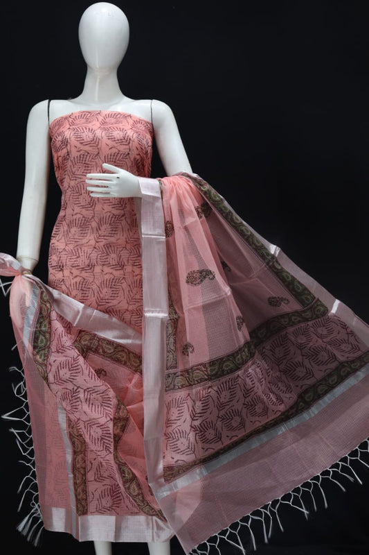 Floral Peach Classic Printed Kota Doria Cotton Fabric Dress Material