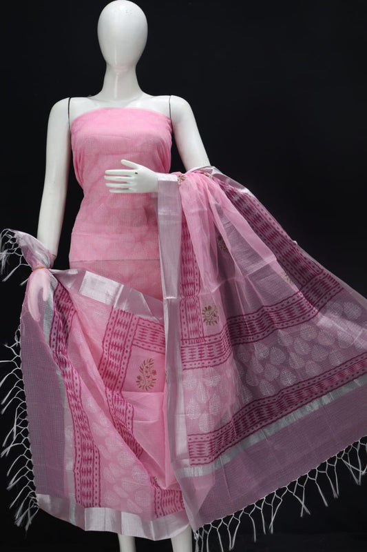 Leaflet Pink Classic Printed Kota Doria Cotton Fabric Dress Material