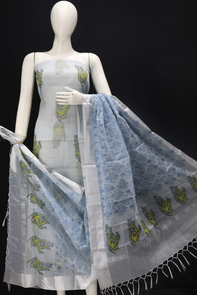 White Floral Classic Printed Kota Doria Cotton Fabric Dress Material
