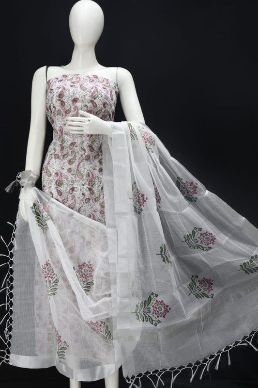 Leafy White Classic Printed Kota Doria Cotton Fabric Dress Material