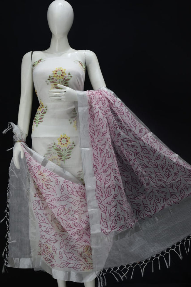 White With Yellow Flower Classic Printed Kota Doria Cotton Fabric Dress Material