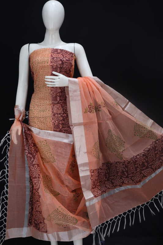 Cantaloupe Orange Flower Classic Printed Kota Doria Cotton Fabric Dress Material