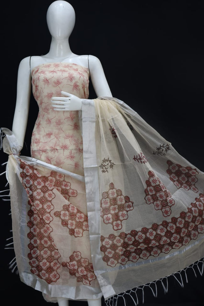 Geometric Cream Floral Classic Printed Kota Doria Cotton Fabric Dress Material