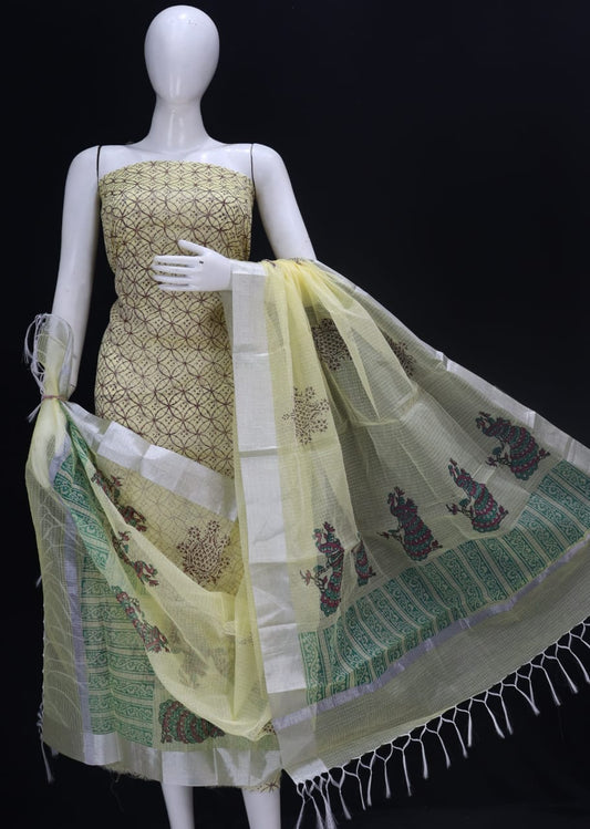 Cross Striped Yellow Classic Printed Kota Doria Cotton Fabric Dress Material