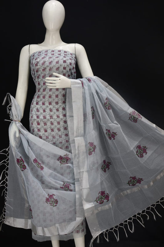 Block Grey Classic Printed Kota Doria Cotton Fabric Dress Material