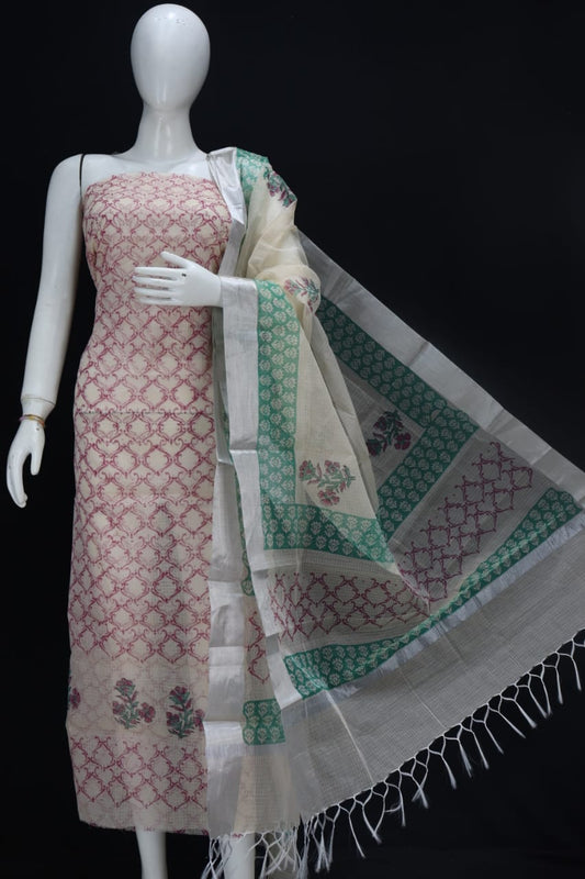 Pink and Green Block Printed Kota Doria Cotton Fabric Dress Material