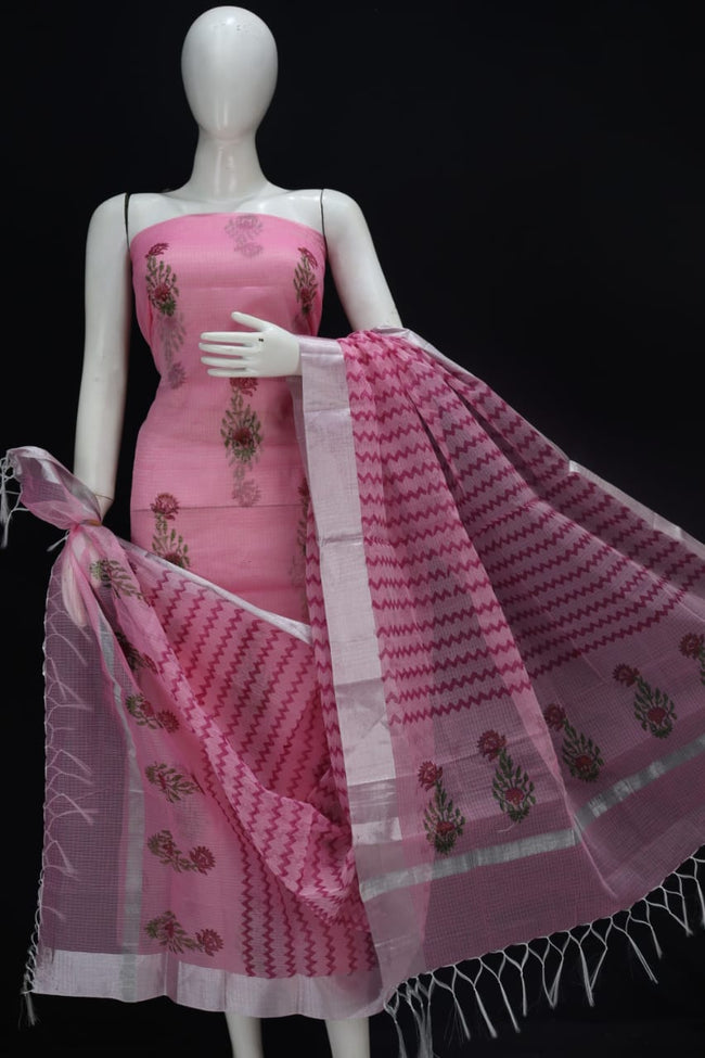 Ballet Slipper Pink Block Printed Kota Doria Cotton Fabric Dress Material