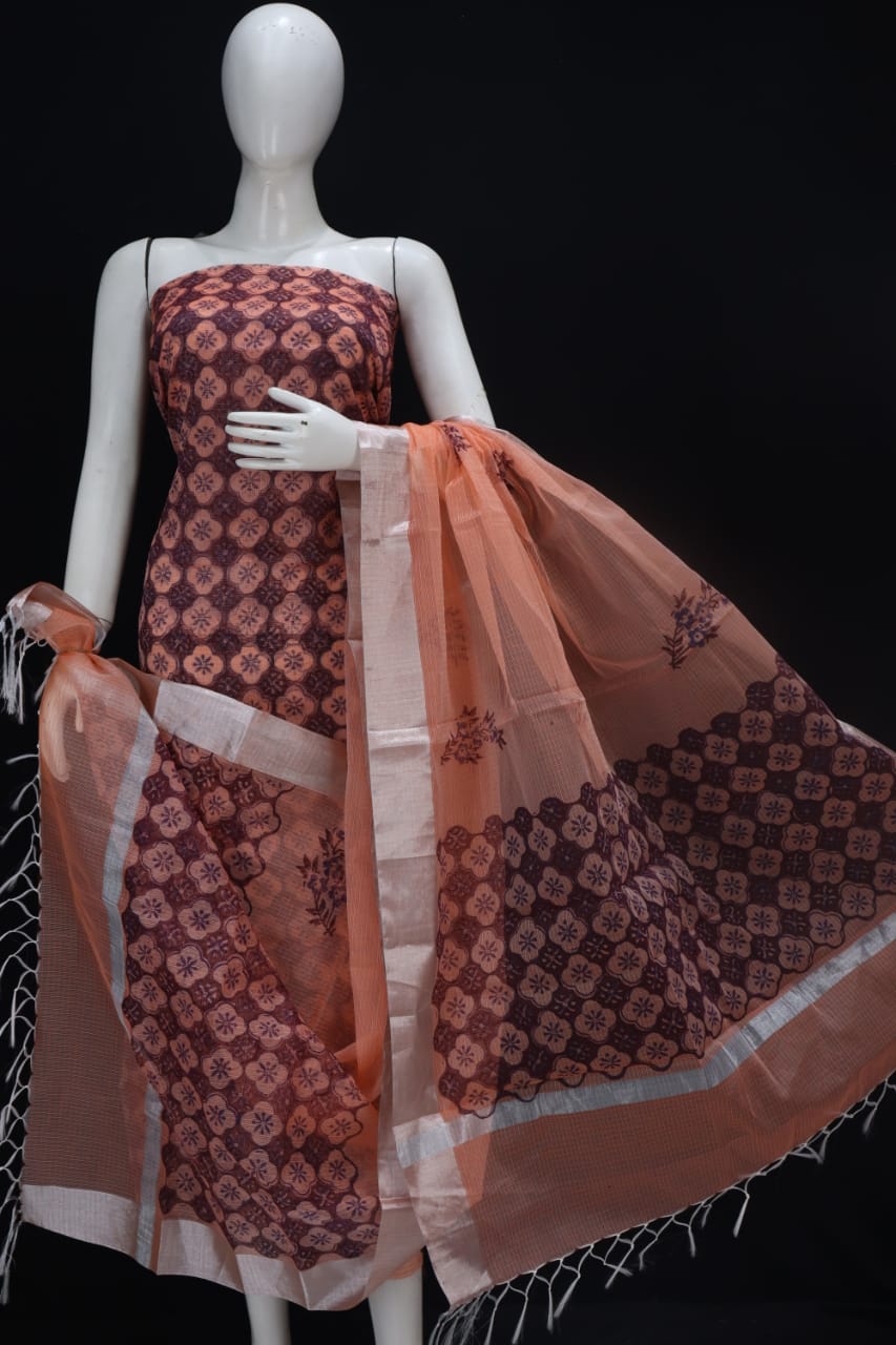 Classy Cantaloupe Orange Block Printed Kota Doria Cotton Fabric Dress Material