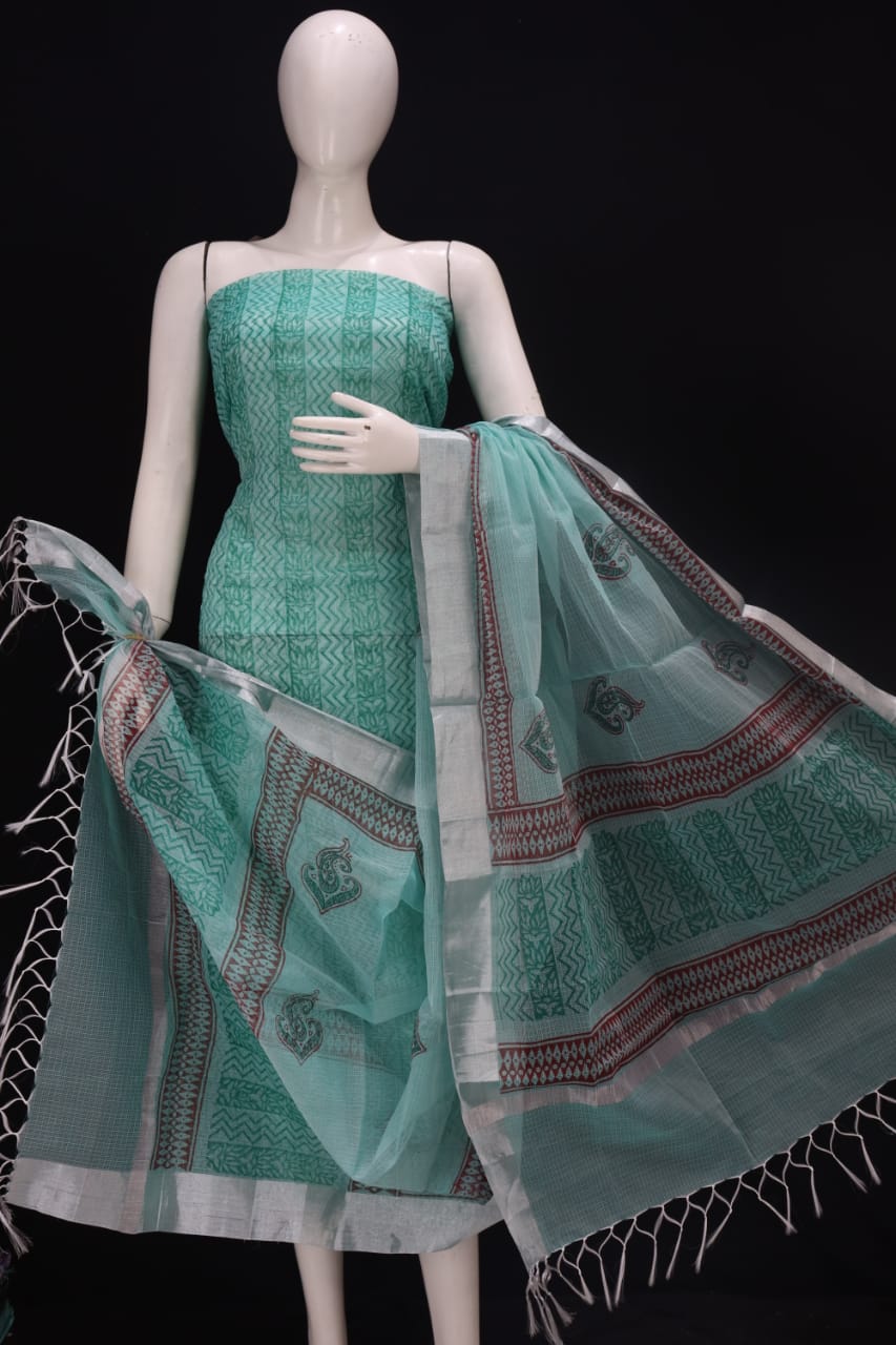 Mint Striped Block Printed Kota Doria Cotton Fabric Dress Material
