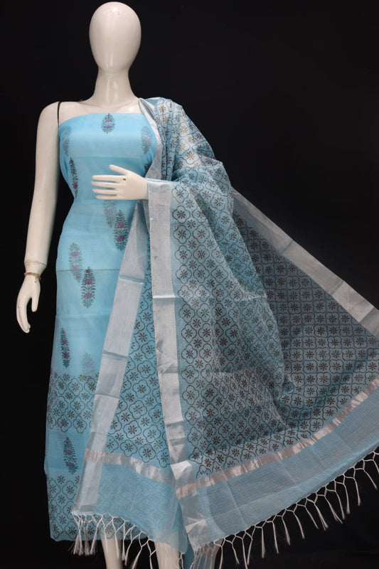 Sky Blue Block Printed Kota Doria Cotton Fabric Dress Material