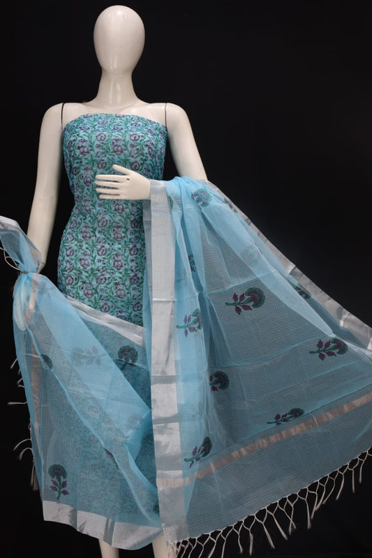 Thin Work Blue Block Printed Kota Doria Cotton Fabric Dress Material