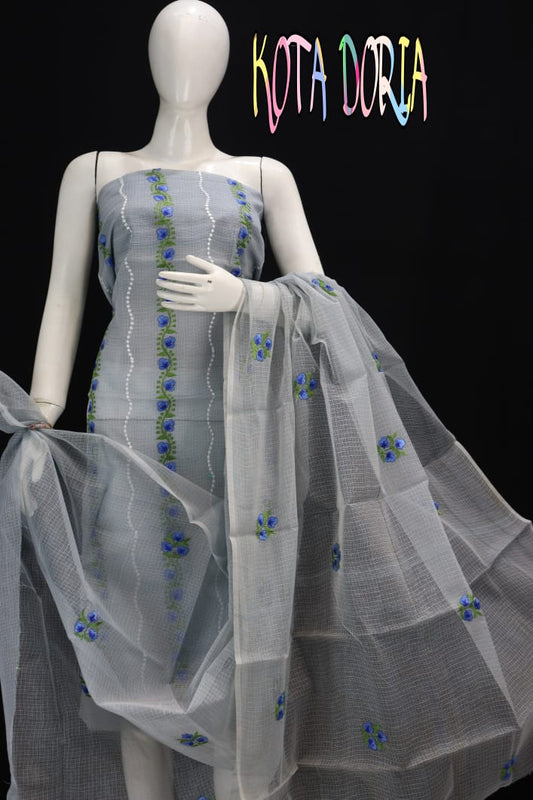 Grey Colored Blue Striped Embroidery Work Dress Material