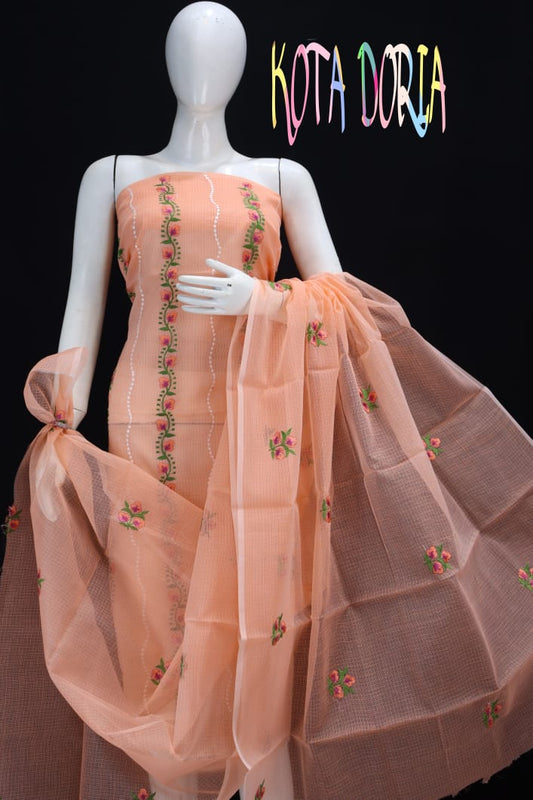 Melon Orange Colored Green Striped Embroidery Work Dress Material