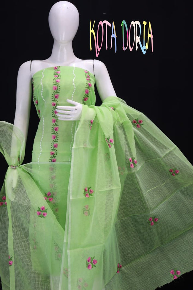 Pretty Green Colored Pink Floral Striped Embroidery Work Dress Material