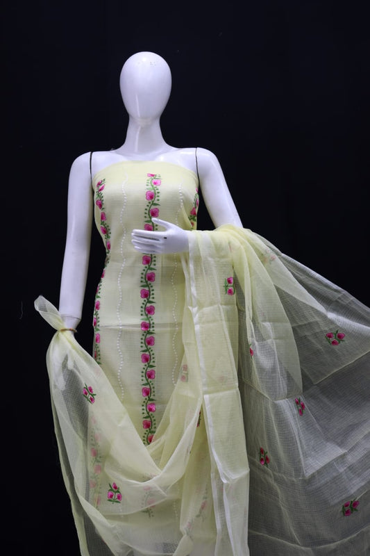 Light Tea Yellow Colored Pink Floral Striped Embroidery Work Dress Material