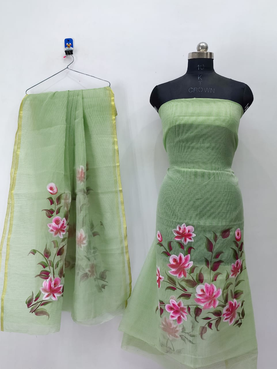 Mint Colored Flowery Brush Paint Kotadoria Un-Stitched Suit With Dupatta