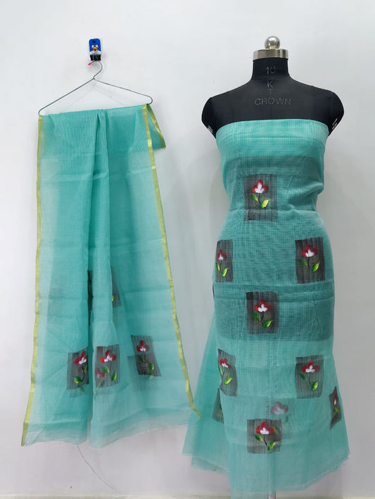 Blue Flowery Block Brush Paint Kotadoria Un-Stitched Suit With Dupatta