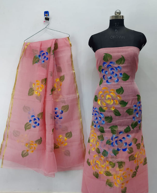 Pink Flowery Spread Brush Paint Kotadoria Un-Stitched Suit With Dupatta