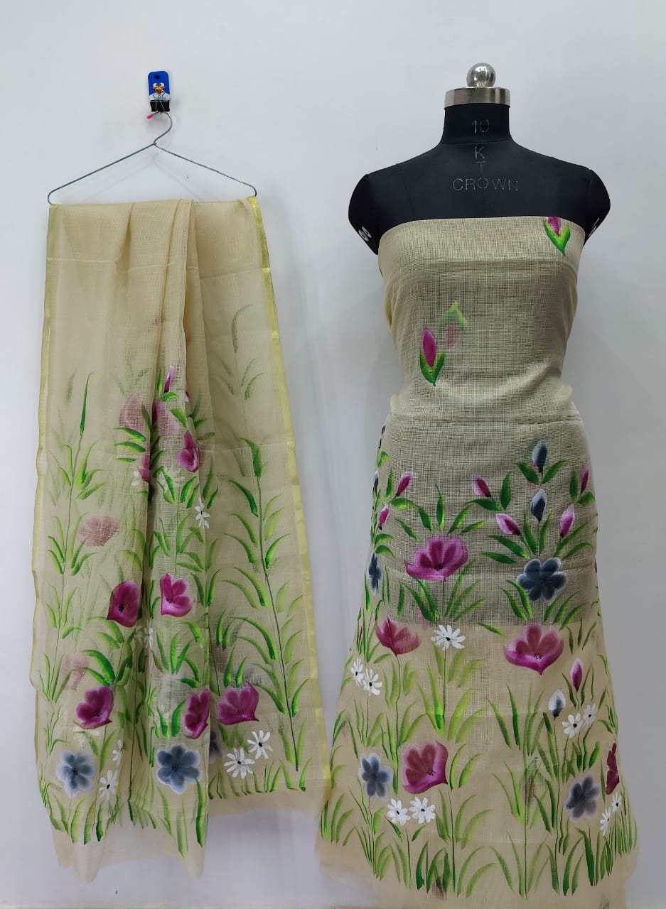 Grey Leafy Floral Brush Paint Kotadoria Un-Stitched Suit With Dupatta main image 1