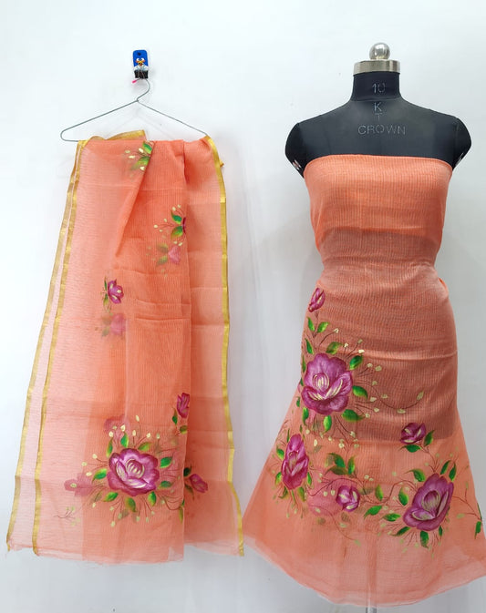 Orange Flowery and Leafy Brush Paint Kotadoria Un-Stitched Suit With Dupatta