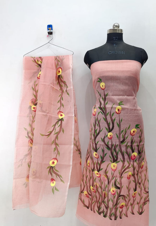 Pink Striped Leafy Brush Paint Kotadoria Un-Stitched Suit With Dupatta