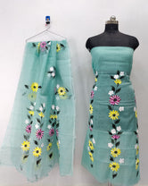 Artic Blue Striped Floral Brush Paint Kotadoria Un-Stitched Suit With Dupatta
