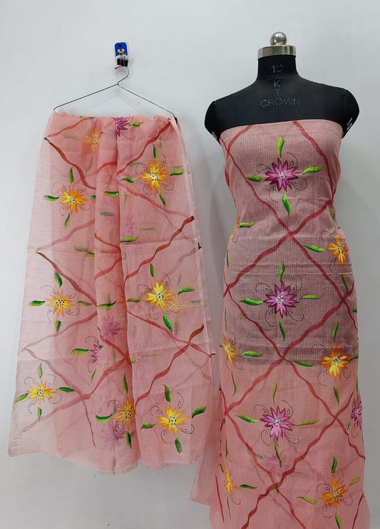 Striped Floral Block Brush Paint Kotadoria Un-Stitched Suit With Dupatta