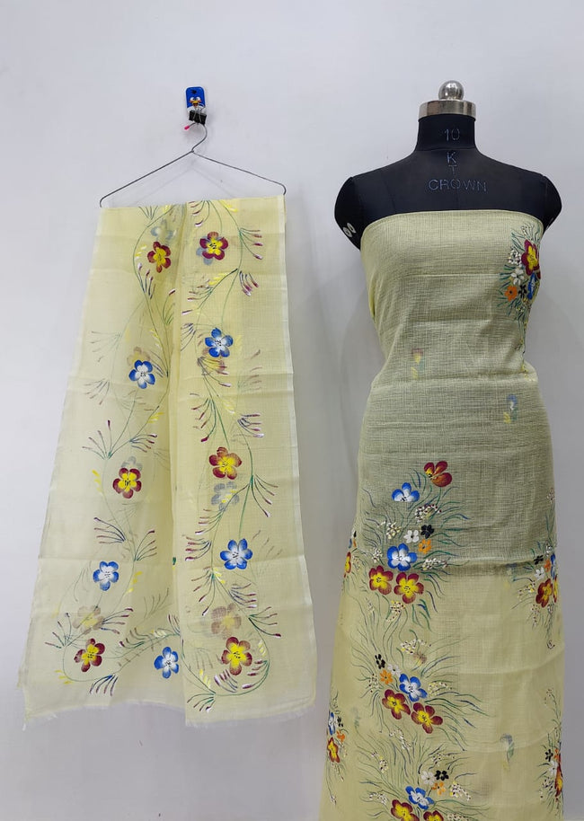 Pretty Yellow Floral Brush Paint Kotadoria Un-Stitched Suit With Dupatta
