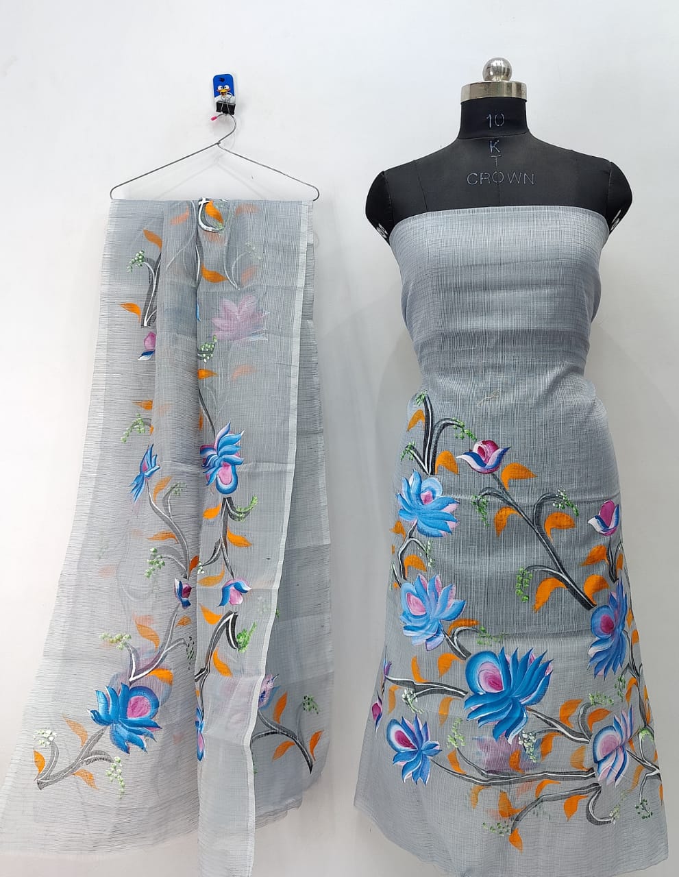 Classy Grey Blue Flowery Brush Paint Kotadoria Un-Stitched Suit With Dupatta