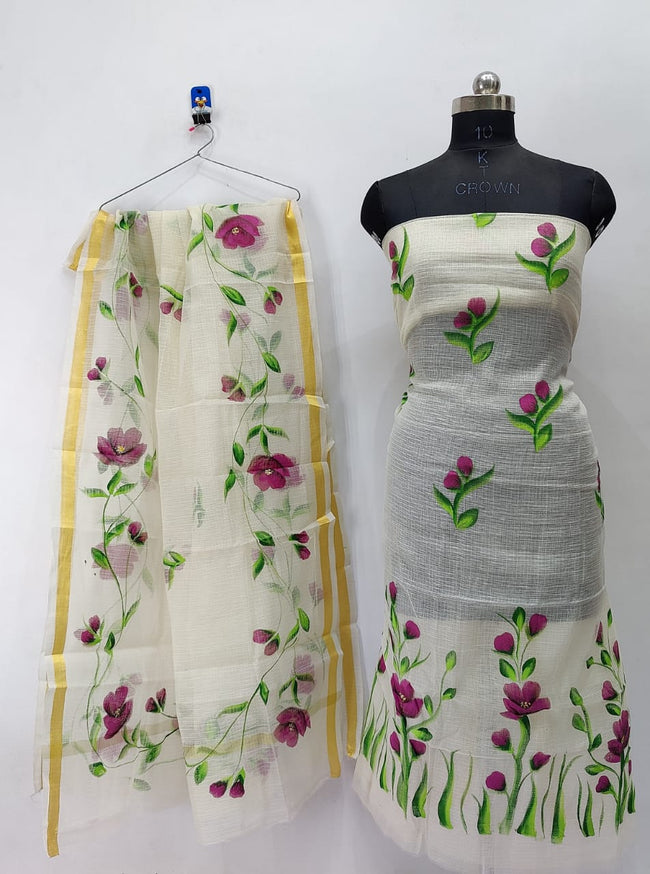 cream colored purple Flowery Brush Paint Kotadoria Un-Stitched Suit With Dupatta