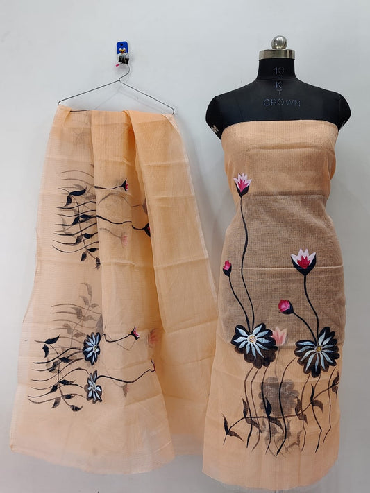 Melon Orange Flowery Black Brush Paint Kotadoria Un-Stitched Suit With Dupatta