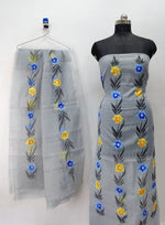 Grey Striped Flowery Black Brush Paint Kotadoria Un-Stitched Suit With Dupatta