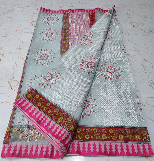 Pink Flowery Mandla Greyish KotaDoria Block Printed Cotton Saree With Blouse