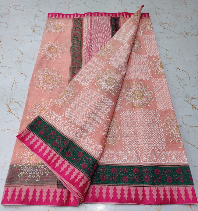 Salmon Pink Flowery Mandla Work KotaDoria Block Printed Cotton Saree With Blouse