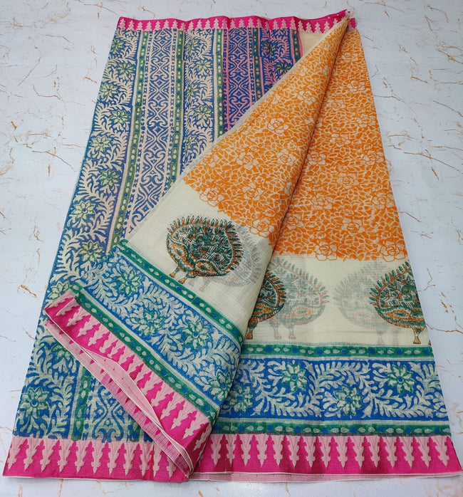 Multicolored Leaflet KotaDoria Block Printed Cotton Saree With Blouse